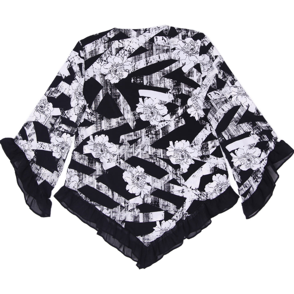 Y2K Ladies Alfani Black White Floral Top Handkerchief Hem Ruffle Sleeves Asymmetrical Size S - view 2