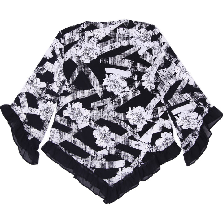 Y2K Ladies Alfani Black White Floral Top Handkerchief Hem Ruffle Sleeves Asymmetrical Size S - view 2