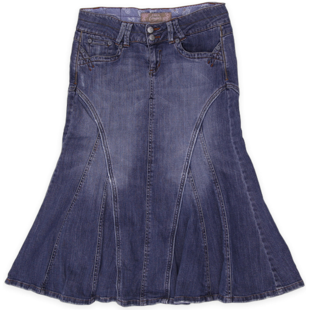 Y2K Ladies Candie's Denim Skirt Size 5 Blue Flare Paneled Mermaid Midi Low Rise