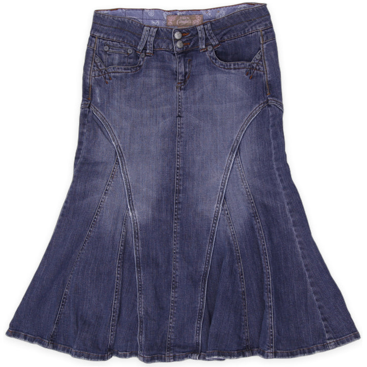 Y2K Ladies Candie's Denim Skirt Size 5 Blue Flare Paneled Mermaid Midi Low Rise