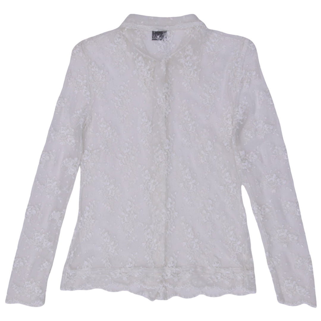 Y2K Ladies Script Lace Blouse White Mesh Floral Long Sleeve Top