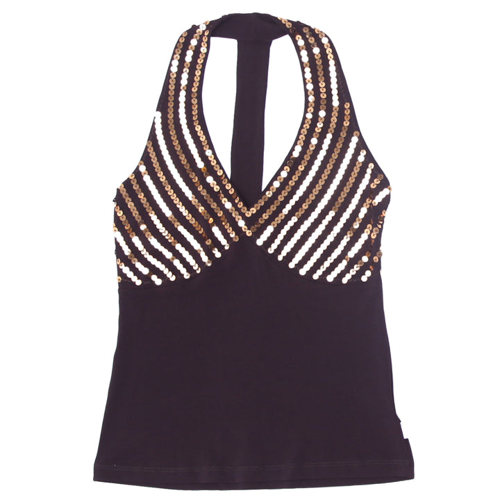 Y2K Ladies Brown Sequin-Embellished Halter Swimwear Top Size S