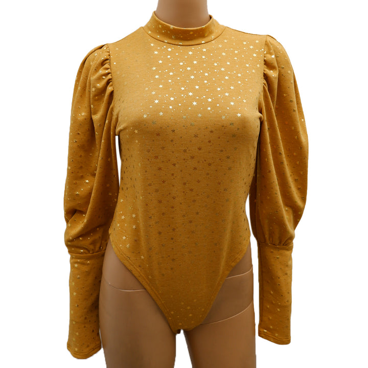 Ladies Fashion Nova Gold Print Puff Sleeve Bodysuit Top