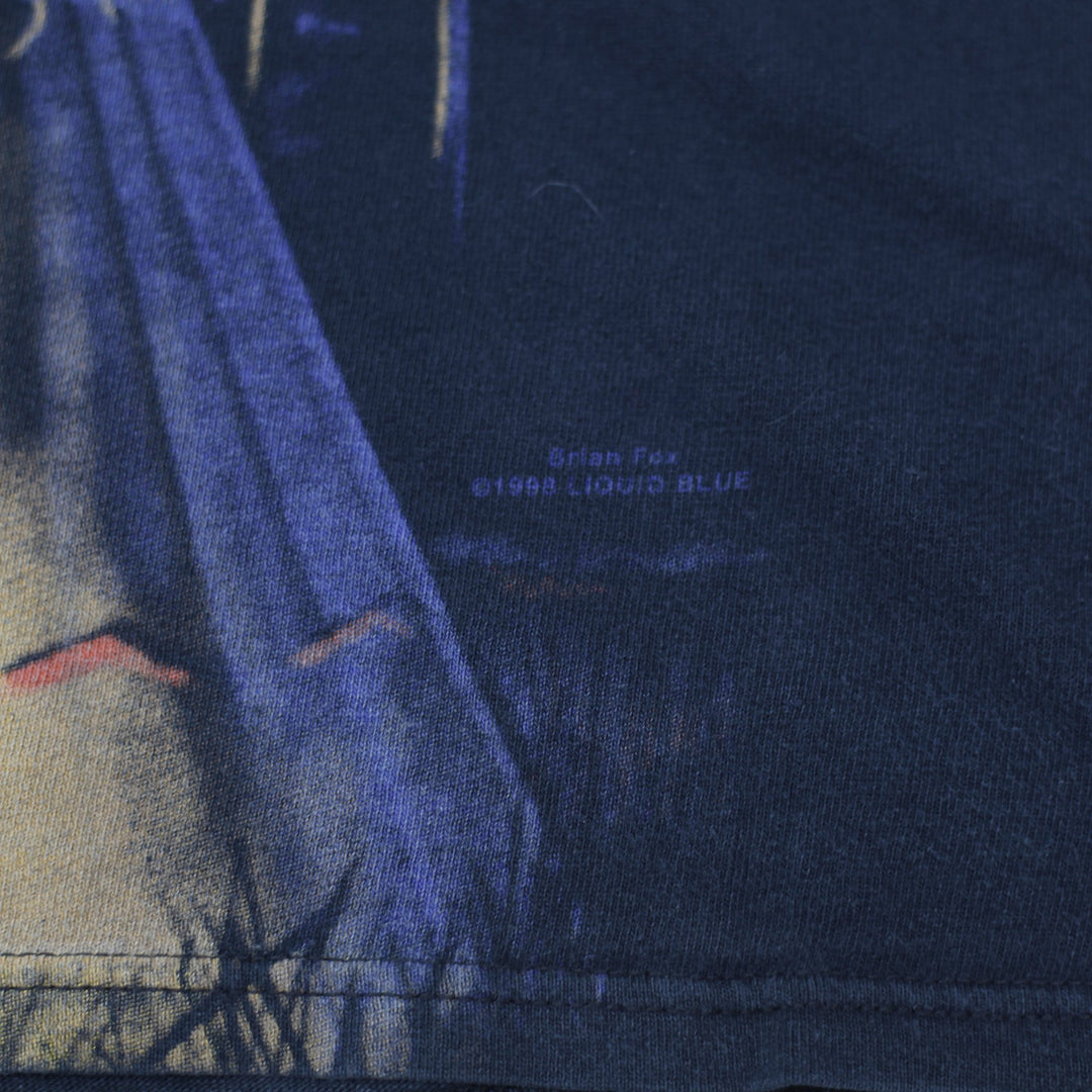 Vintage LIQUID BLUE Indian Bear Wolf Campfire All Over Print T Shirt 90s