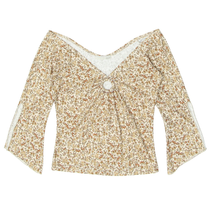 Y2K Floral V-Neck Quarter Sleeve Top