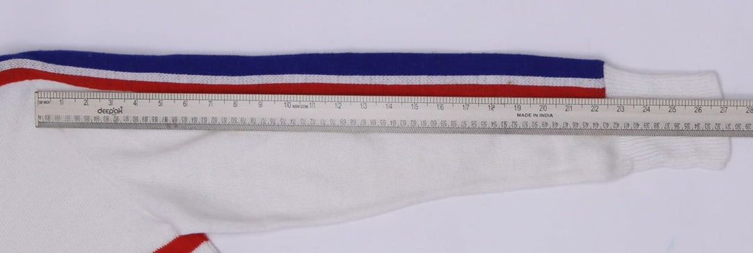 Vintage Mens Dehen Sweater White V-Neck Knit Graphic Made In USA