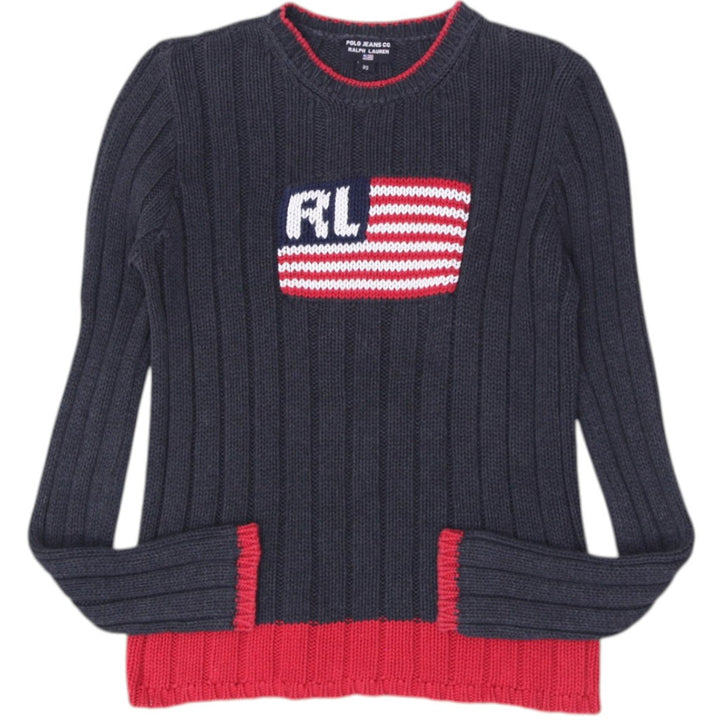 Vintage Polo Ralph Lauren Ribbed American Flag Charcoal Grey Knit Sweater