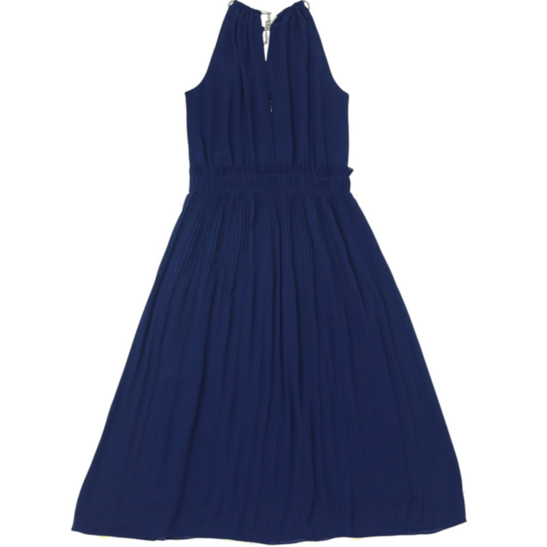 Y2K Ladies Michael Kors Gold Chain Neck Pleated Halter Dress Navy Blue Size XS