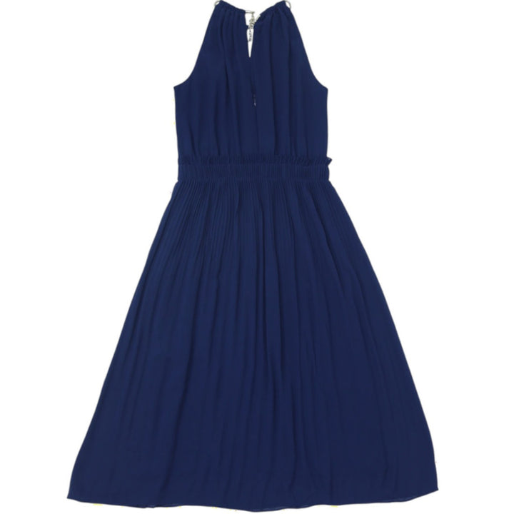 Y2K Ladies Michael Kors Gold Chain Neck Pleated Halter Dress Navy Blue Size XS