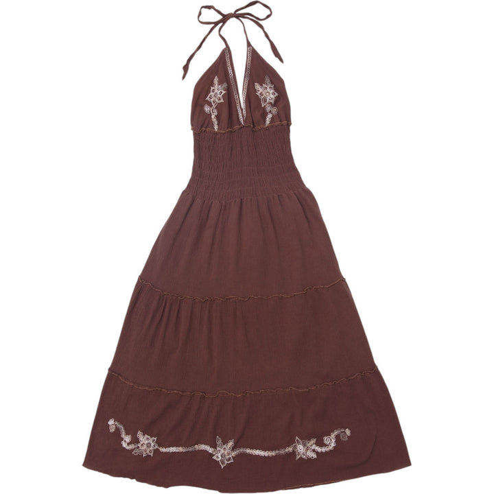Y2K Ladies Plunging V-Neck Embroidered Halter Maxi Dress
