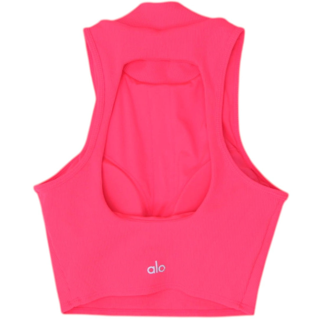 Ladies Alo Yoga Bright Pink Seamless Mock Neck Open Back Crop Tank Top Size XS