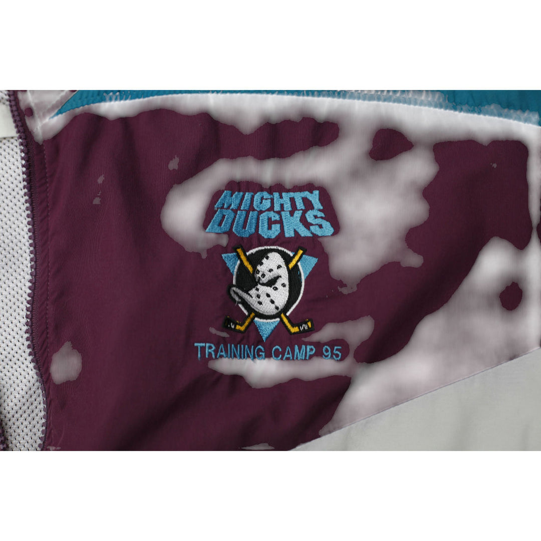 Vintage Mens Jammin Mighty Ducks Varsity Jacket Maroon White Teal Graphic | Migration_Jackets - Alternate Vie | Fashion Rerun