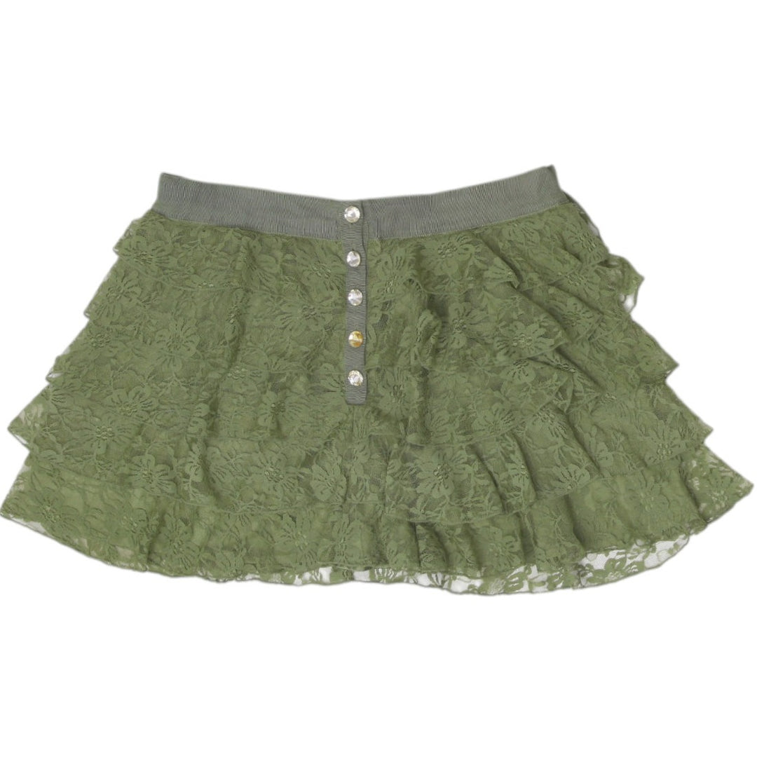Y2K Ladies XXI Twist Olive Green Tiered Lace Ruffle Mini Skirt Size s