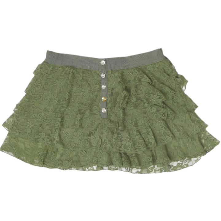Y2K Ladies XXI Twist Olive Green Tiered Lace Ruffle Mini Skirt Size s