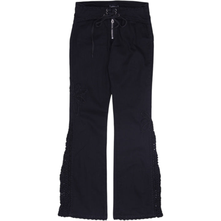 Y2K Ladies bebe Lace Up Front Crochet Flare Pants Black Size 28