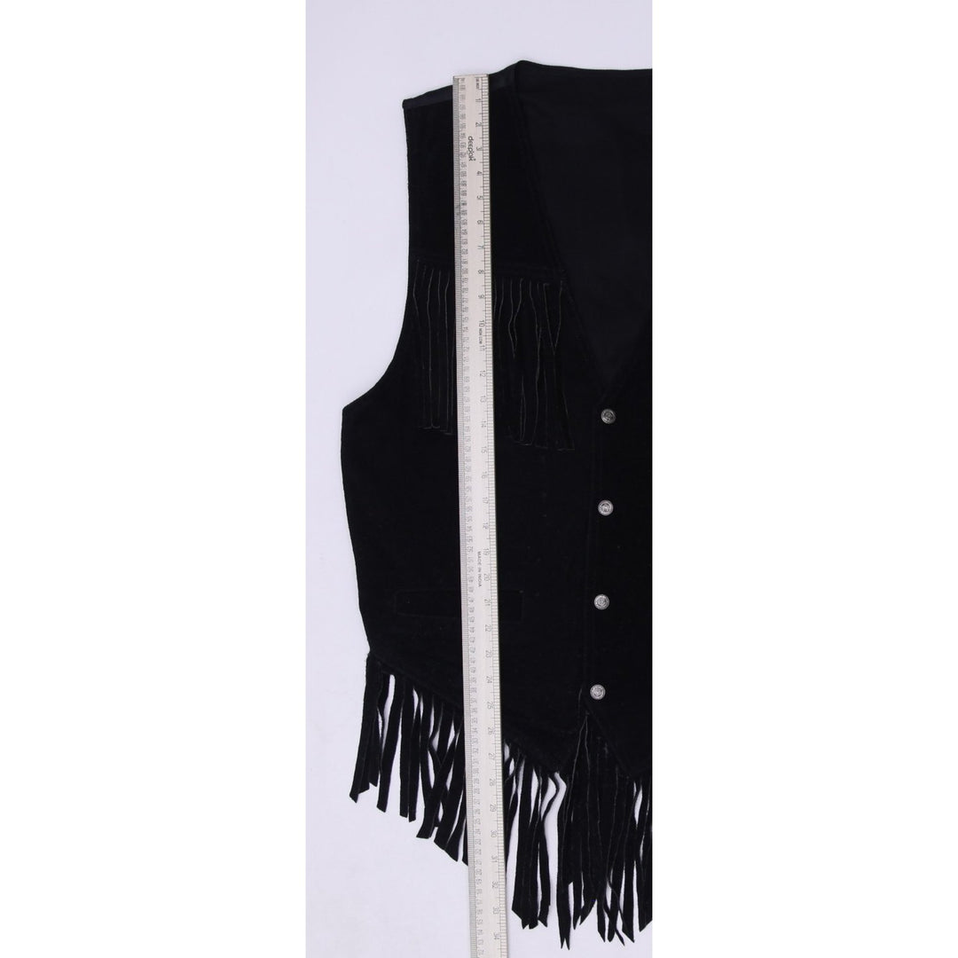 Vintage Black Suede Leather Fringe Western Vest | Migration_Vests - Detail View | Fashion Rerun