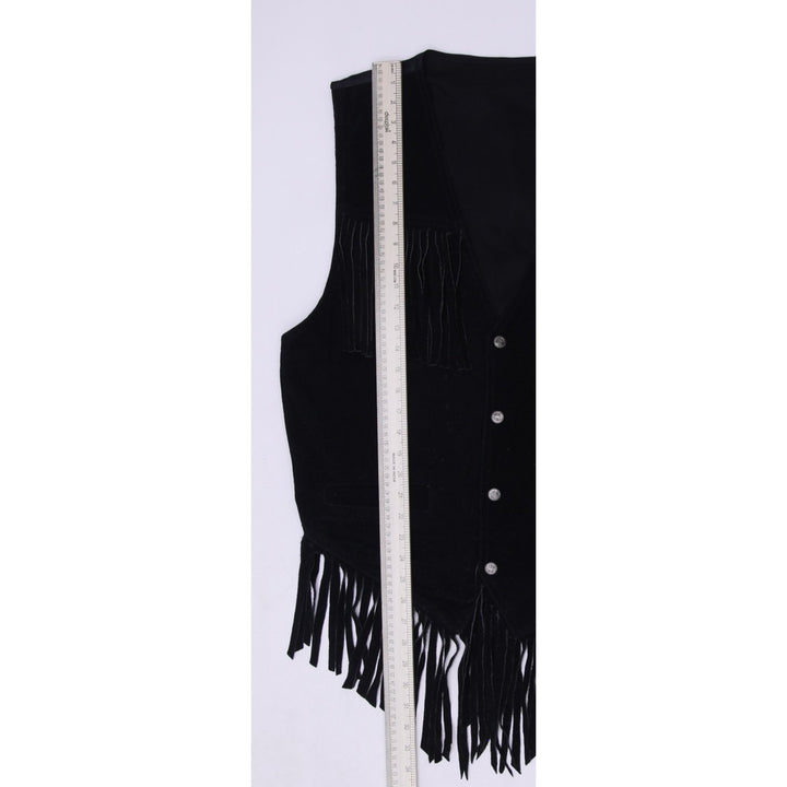 Vintage Black Suede Leather Fringe Western Vest | Migration_Vests - Detail View | Fashion Rerun