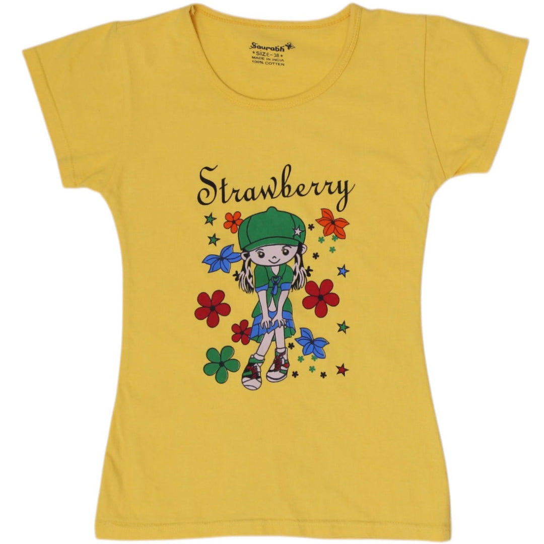 Y2K Ladies Yellow Cursive "Strawberry" Character Graphic Fitted Tee Size 38