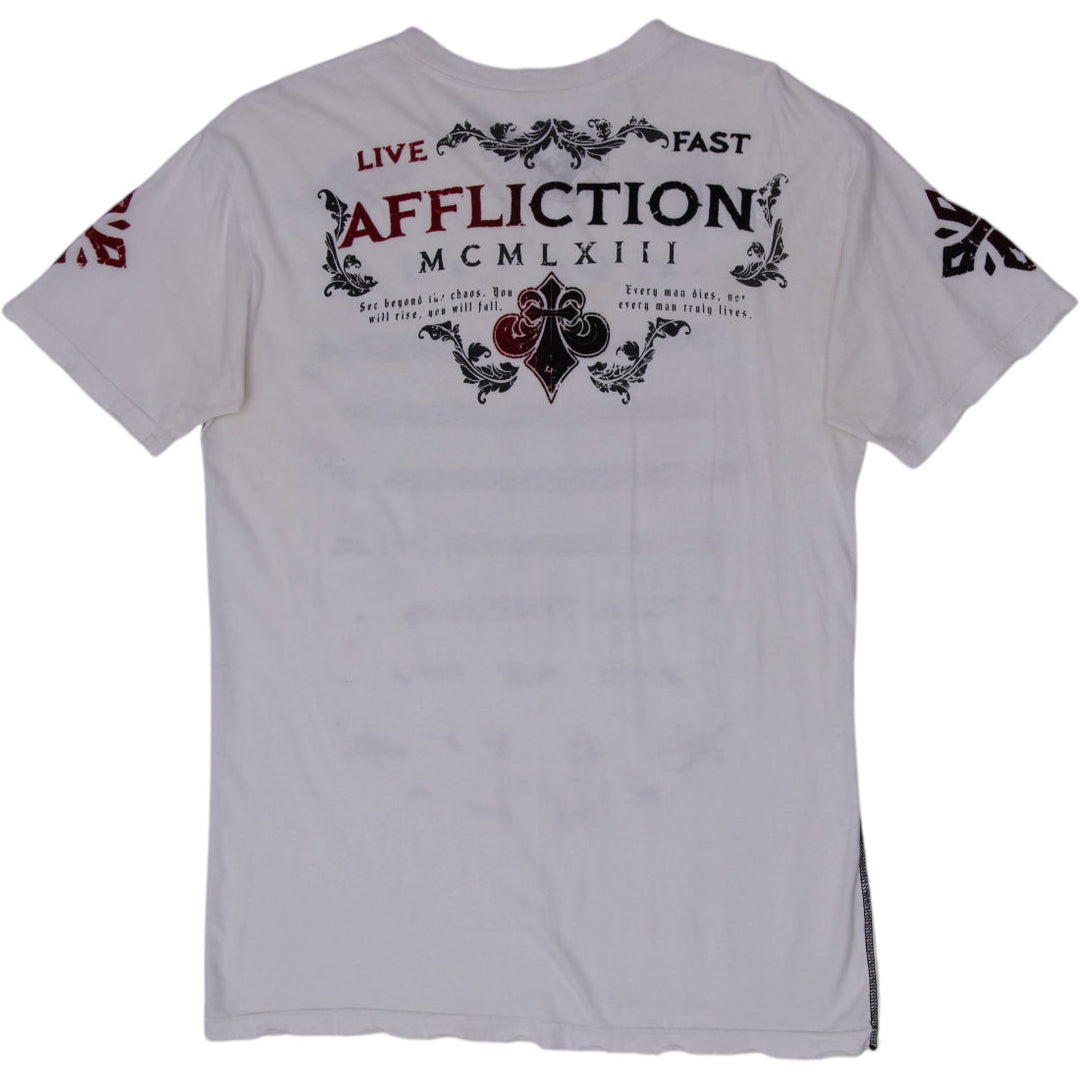 Y2K Mens Affliction Live Fast Winged Crest T Shirt White Made in USA Size XL