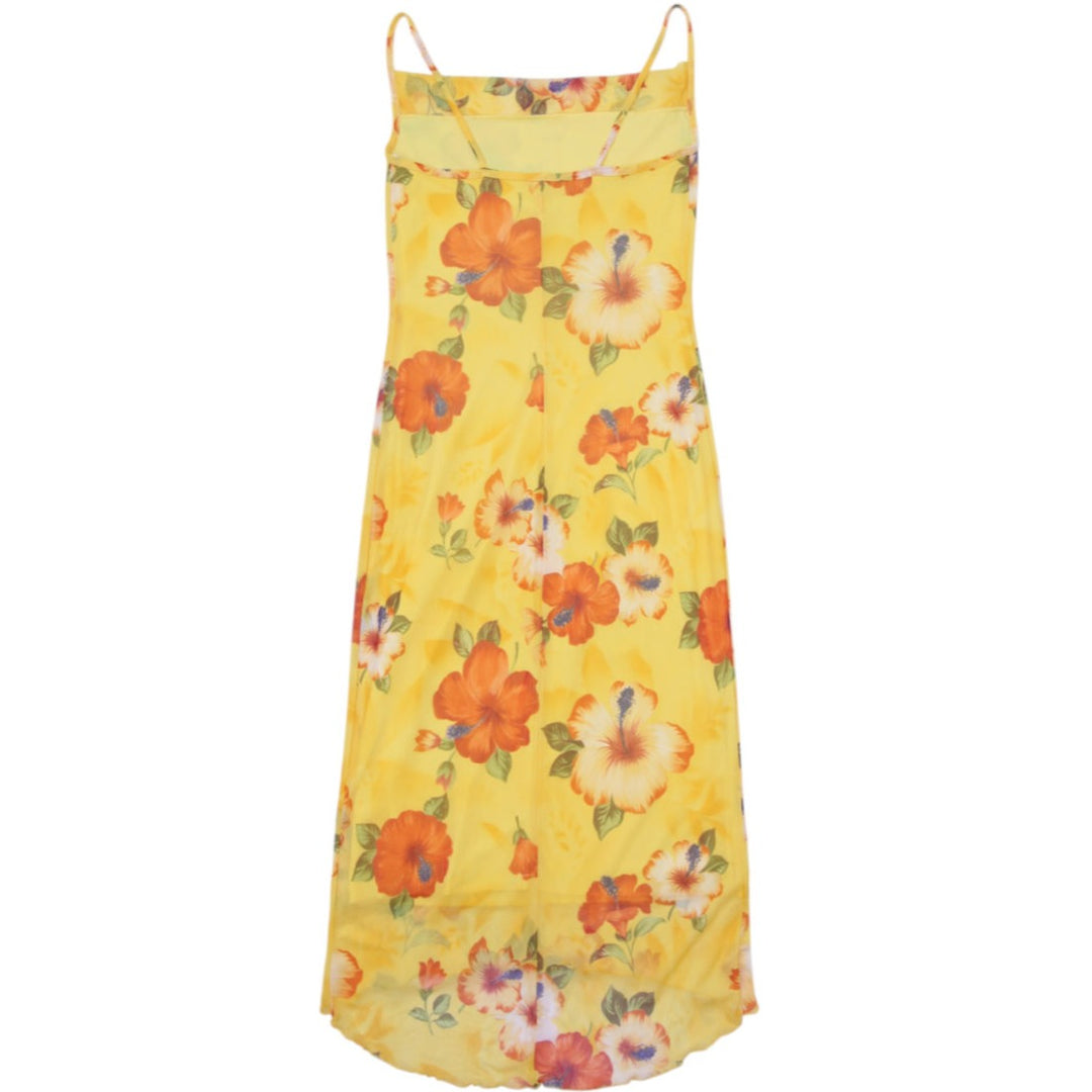 Y2K Ladies Suzy Shier Suzy Shier Tropical Hibiscus Mesh Overlay Dress Yellow S