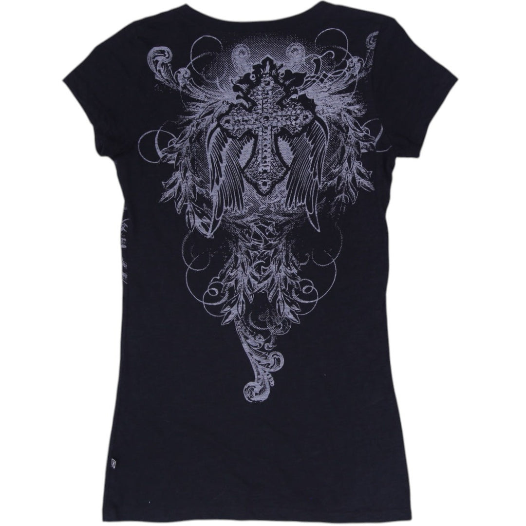 Y2K Ladies Outlaw USA Gothic Cross Wings Graphic Tee Size M