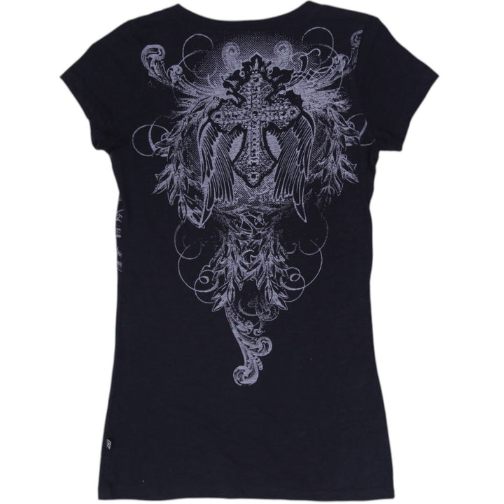 Y2K Ladies Outlaw USA Gothic Cross Wings Graphic Tee Size M