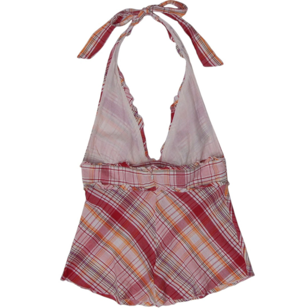 Y2K Ladies Forever Plaid Cotton Halter Top Babydoll Tunic Size S