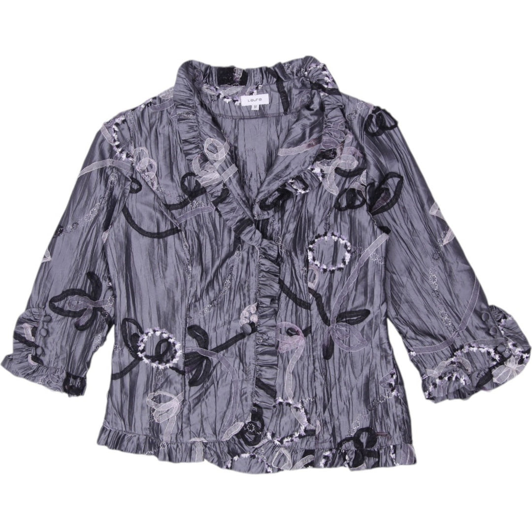 Y2K Ladies Laura Crinkle Taffeta Embroidered Ruffle Top Size M