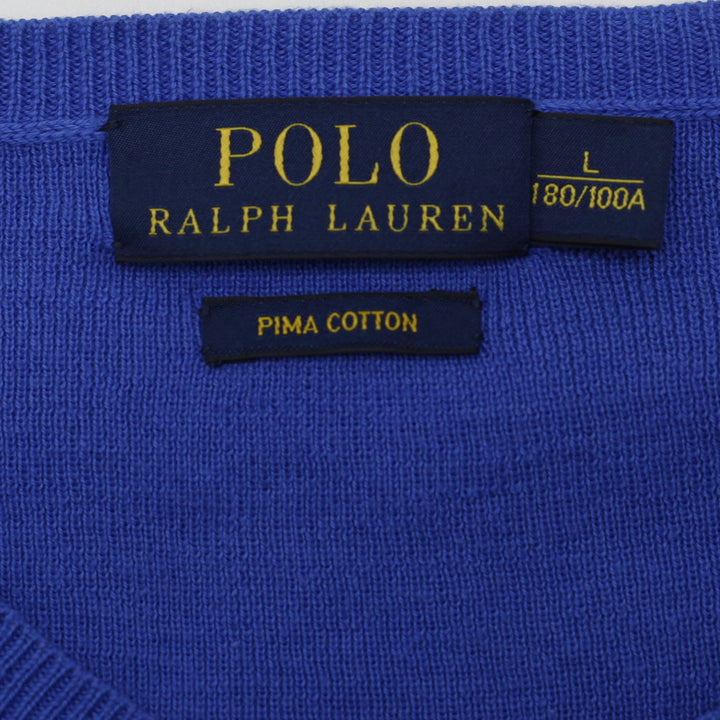 Mens Polo Ralph Lauren Royal Blue 100% Pima Cotton V-Neck Knit Sweater Size L