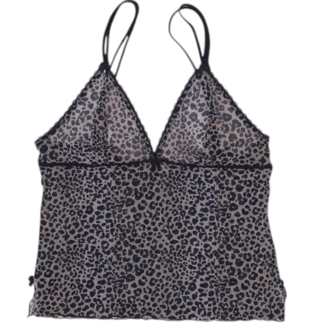 Y2K Ladies Camisole Leopard Print Sheer Lace Strappy Top Size XS