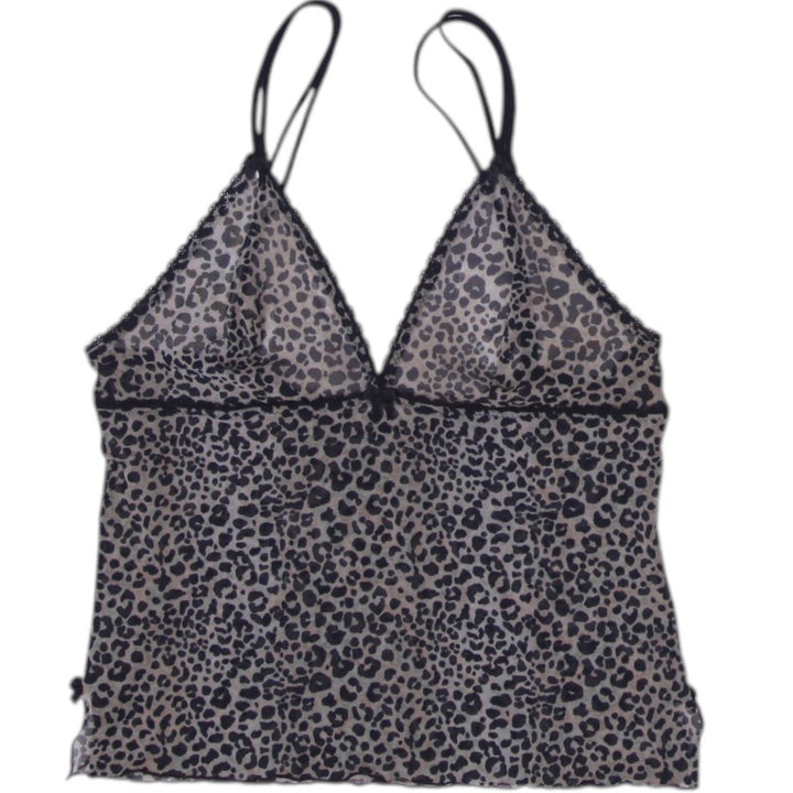 Y2K Ladies Camisole Leopard Print Sheer Lace Strappy Top Size XS