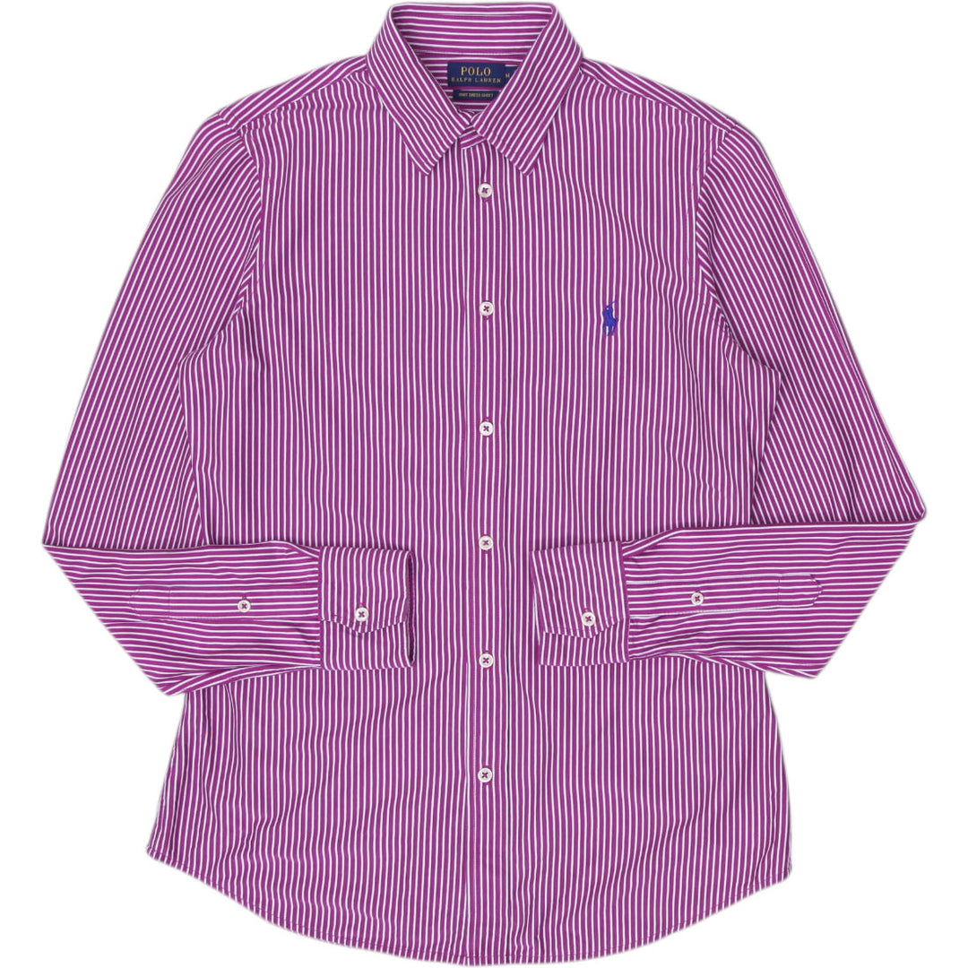Ladies Ralph Lauren Knit Dress Shirt Purple Striped Cotton Size M