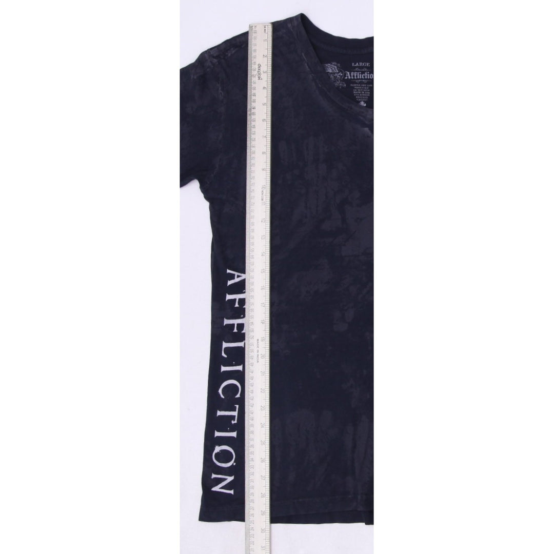 Y2K Mens Affliction V-Neck T-Shirt Black Graphic Text Logo L