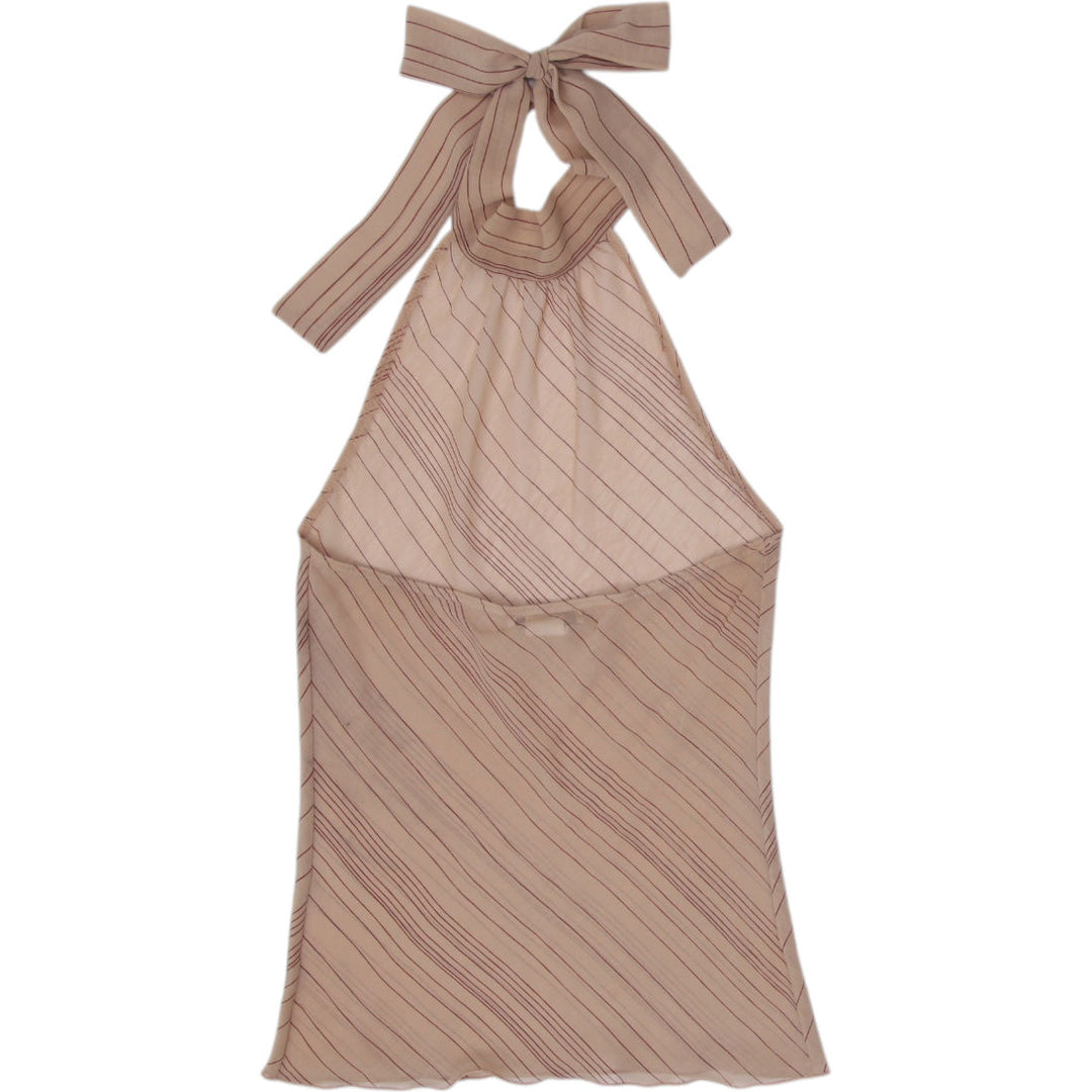 Y2K Ladies Parave Halter Top Beige Sheer Striped Sleeveless Size S
