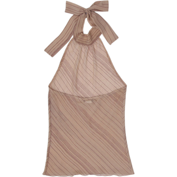 Y2K Ladies Parave Halter Top Beige Sheer Striped Sleeveless Size S