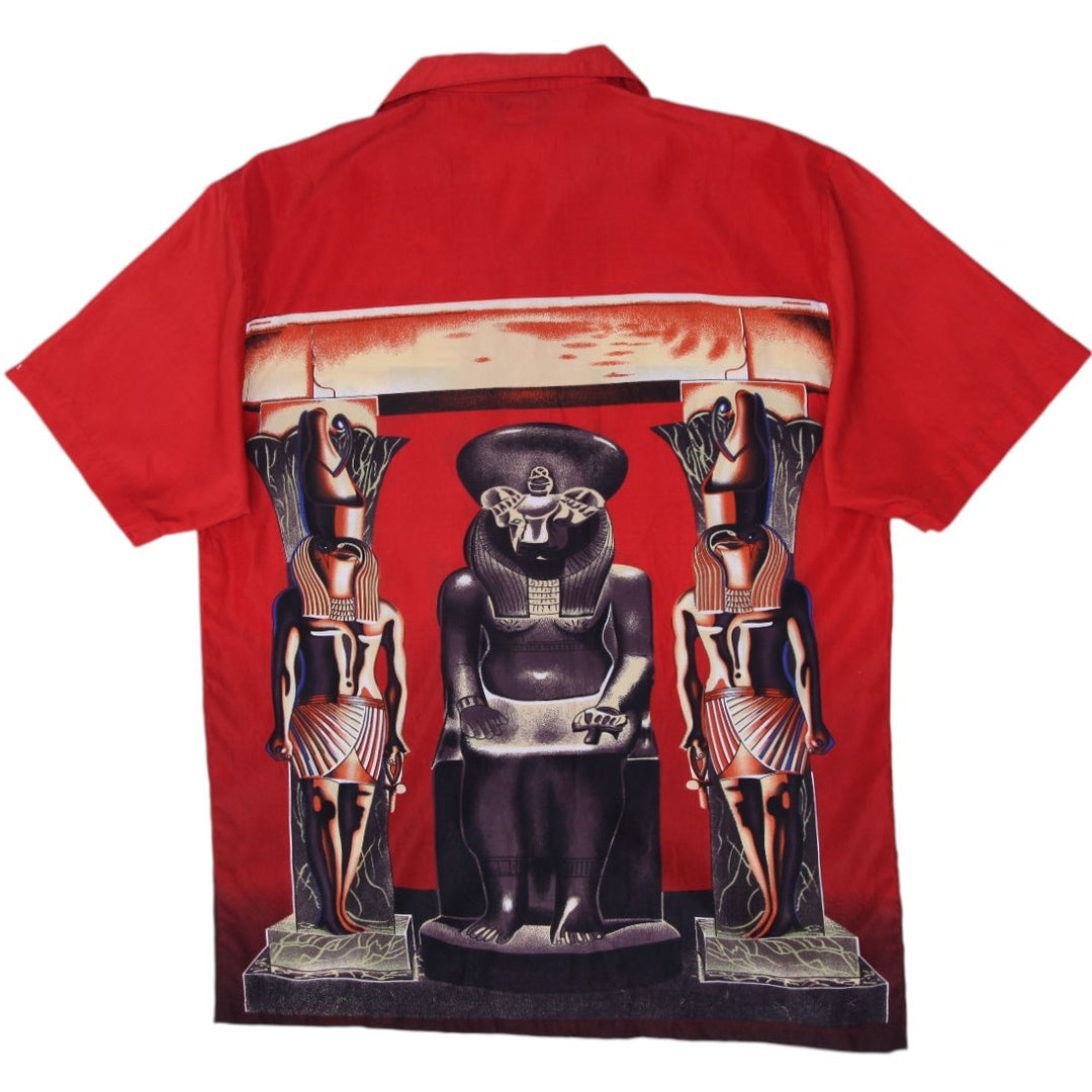 Vintage Mens BLNY Egypt Egyptian Statues Red Graphic T-Shirt Size L | Migration_Shirts - Side View | Fashion Rerun