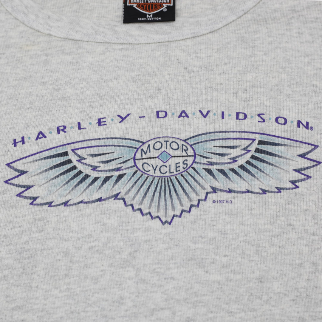 Ladies Harley Davidson Heather Gray Lettuce Edge Long Sleeve Top Graphic