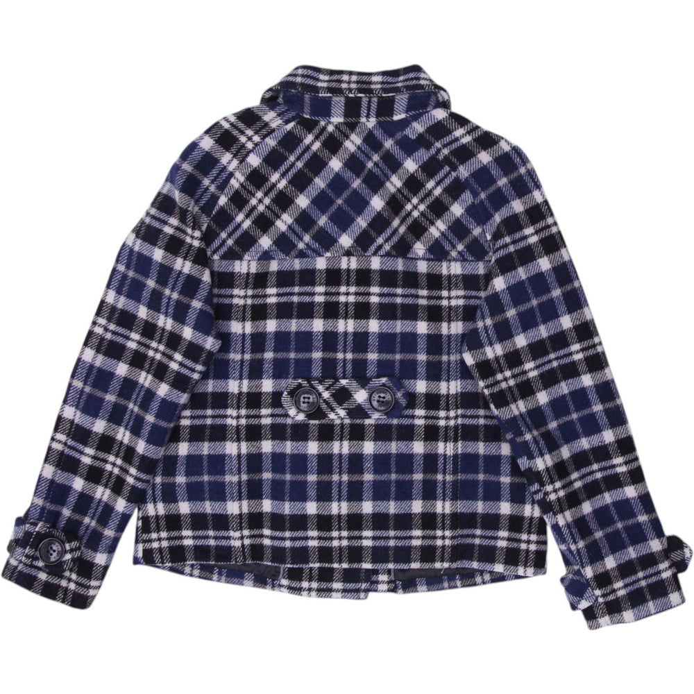 Y2K Ladies Aeropostale Plaid Pea Coat Navy Wool Lined Buttoned Jacket Size L | Migration_Jackets - Side View | Fashion Rerun