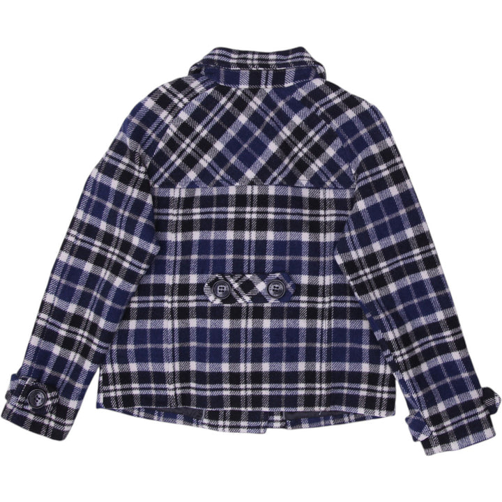 Y2K Ladies Aeropostale Plaid Pea Coat Navy Wool Lined Buttoned Jacket Size L | Migration_Jackets - Side View | Fashion Rerun