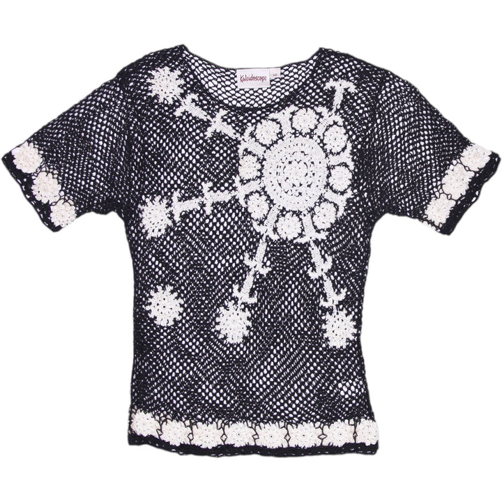 Y2K Ladies Kaleidoscope Crochet Top Black White Floral