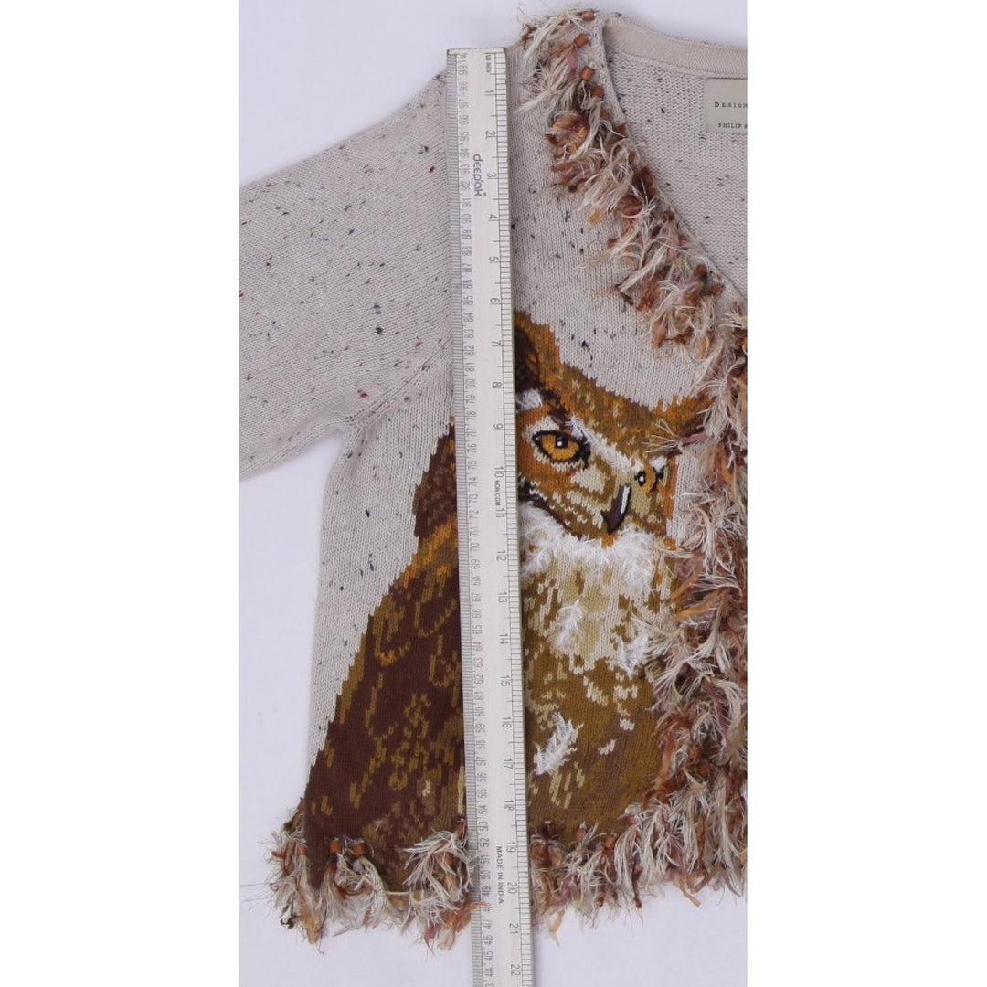 Vintage Ladies Design Options Cardigan Sweater M Owl Feather Cotton Gordon Ivory Orange OOAK