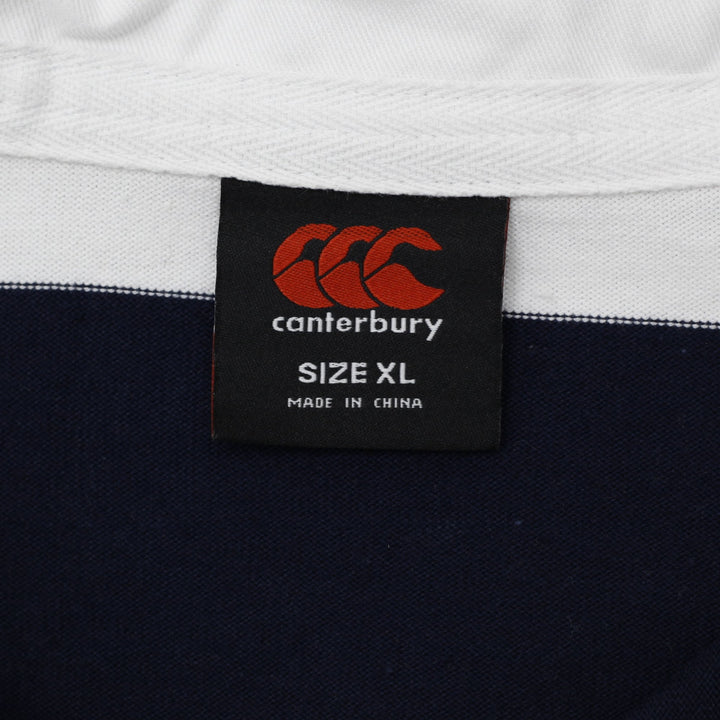 Vintage Canterbury Rugby Shirt Navy Striped Embroidered Badge XL | Migration_T-Shirts - Back View | Fashion Rerun
