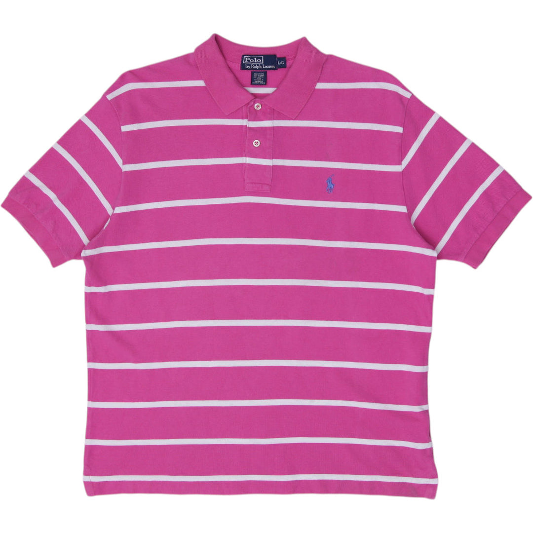 Vintage Mens Polo Ralph Lauren Magenta Pink White Striped Polo T-Shirt Size L
