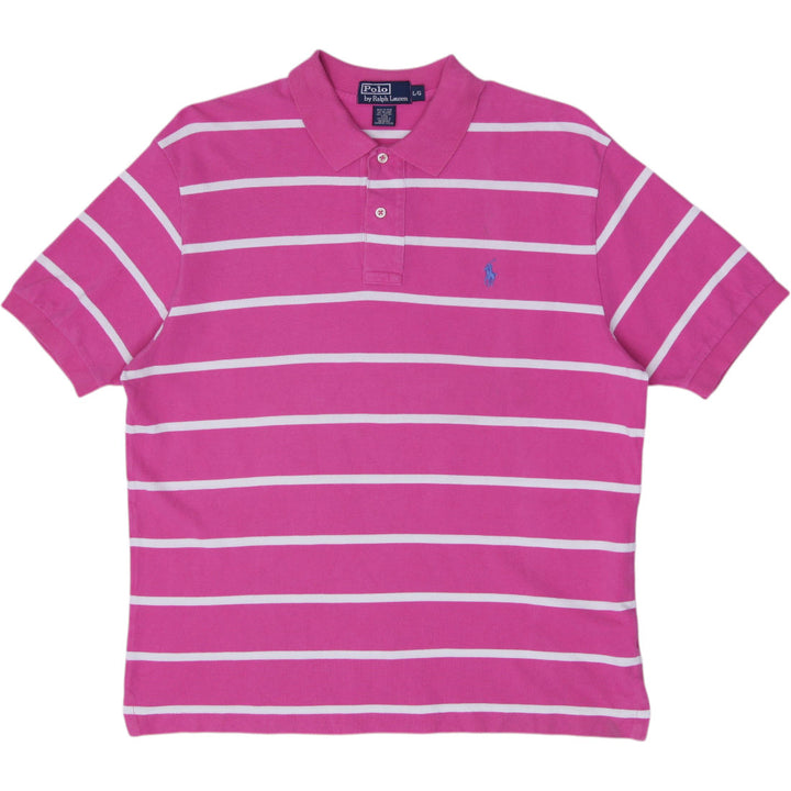 Vintage Mens Polo Ralph Lauren Magenta Pink White Striped Polo T-Shirt Size L