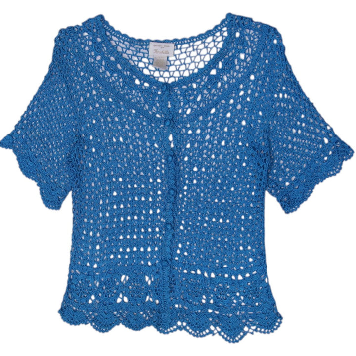 Y2K Ladies Blue Short Sleeve Crochet Cardigan Size M