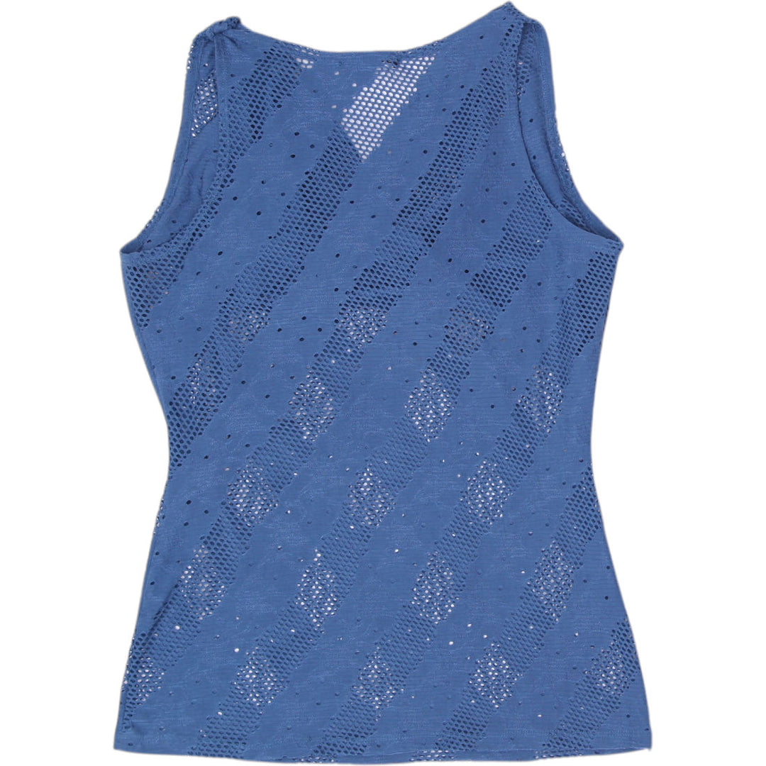 Y2K Ladies Stretch FreeGirl Slate Blue Cowl Neck Pointelle Mesh Tank Top Size 3