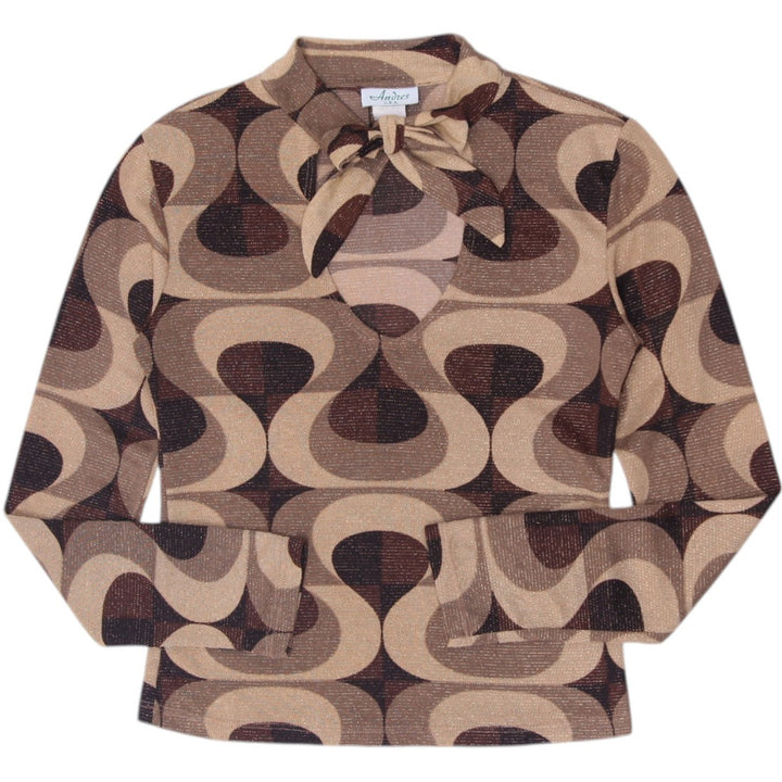 Y2K Ladies Andres Metallic Lurex Groovy Geometric Swirl Long Sleeve Top Size S