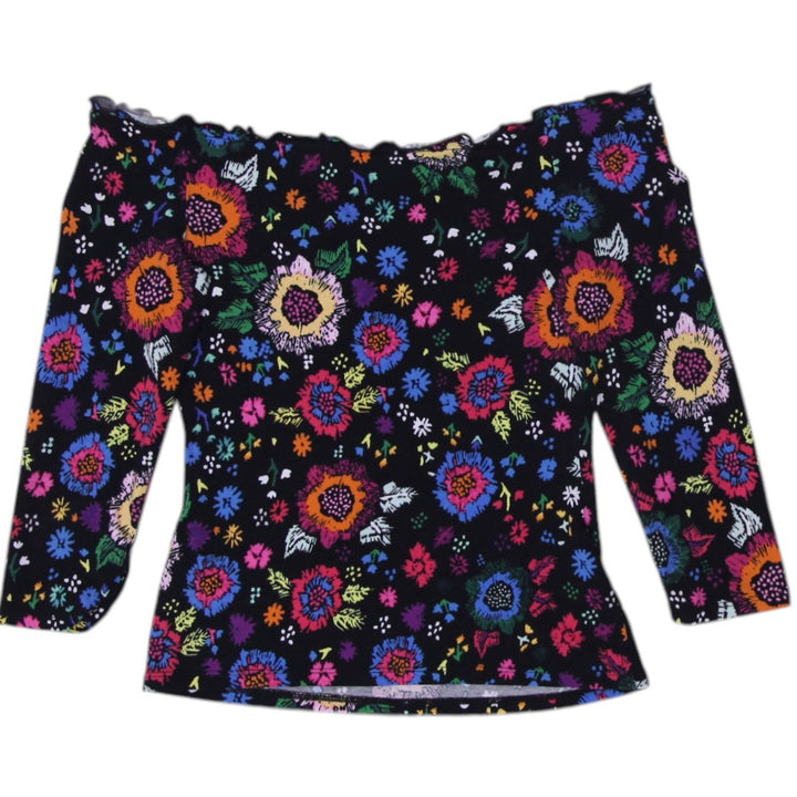 Y2K Ladies Guess Floral Off Shoulder Multicolor Long Sleeve Top Size XS | Migration_Tops - Side View | Fashion Rerun