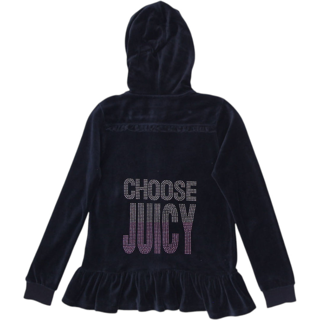 Y2K Youth Girls Juicy Couture Hoodie Black Velour Full Zip Ruffled Size 8/10