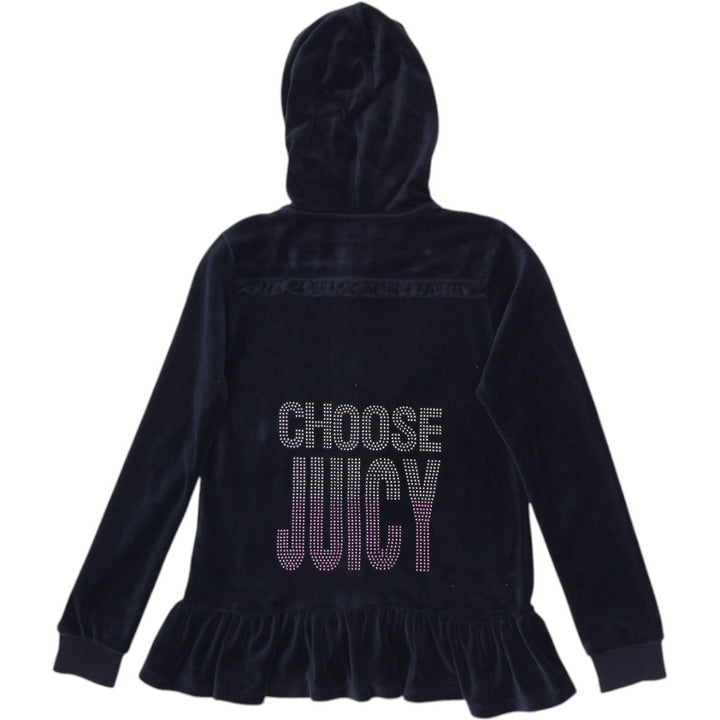 Y2K Youth Girls Juicy Couture Hoodie Black Velour Full Zip Ruffled Size 8/10